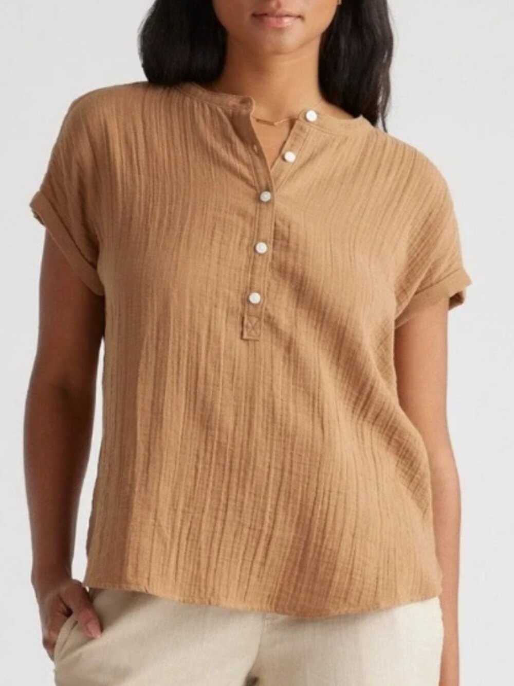 Quince Organic Cotton Gauze Roll Sleeve Henley Shirt Sz S Tan Oversized Coastal